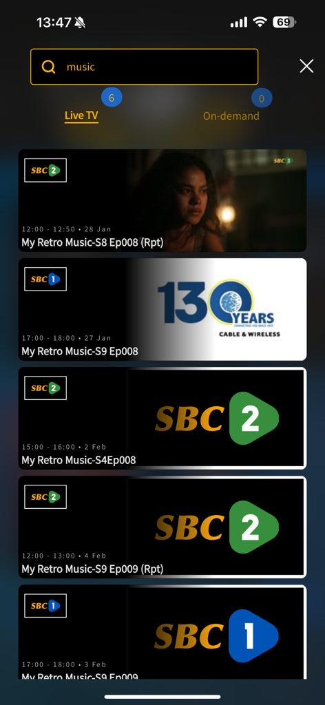 SBC+ - Search results for music programs on the SBC plus mobile app interface.