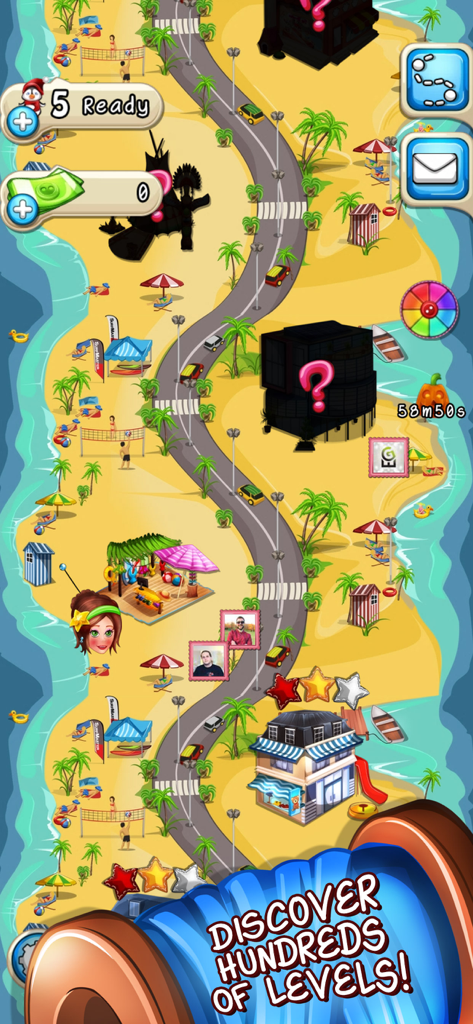 A colorful beach themed level map in Fancy Tale showing player progress along a winding road with the text discover hundreds of levels