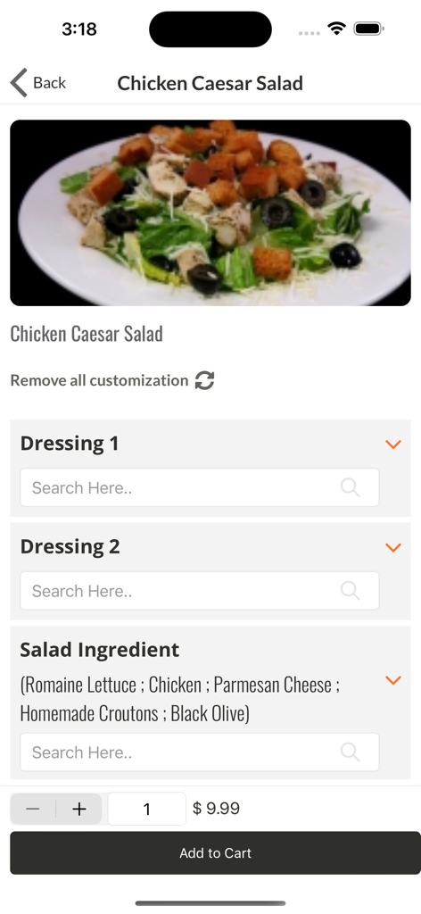 Schermata di ordinazione per un'insalata Caesar con pollo sull'app mobile Zio Johnos che mostra opzioni di personalizzazione e pulsante aggiungi al carrello
