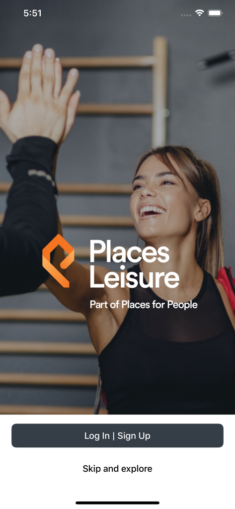 Places Fitness - Places Fitness app welcome screen with log in and sign up buttons