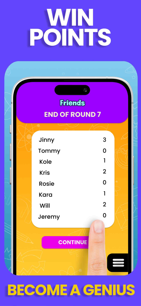 QUOKKA Games for Kids - Leaderboard screen in QUOKKA Games for Kids app showing points for multiple players at the end of a round.