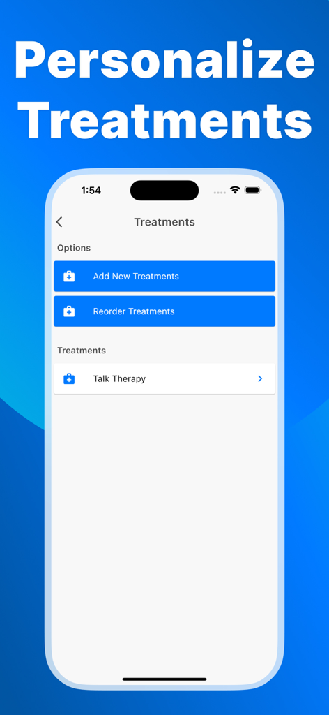 Eating Disorder Recovery - A mobile app screen showing options to personalize and add recovery treatments like talk therapy