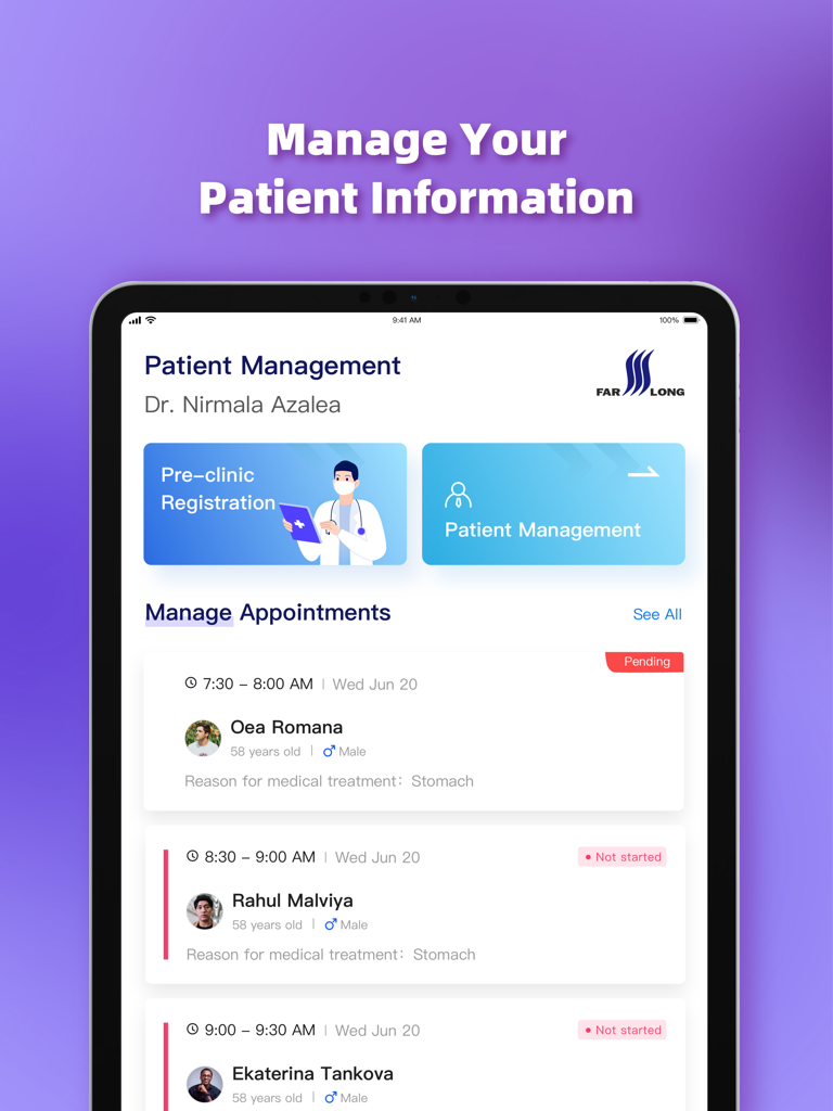 Pantalla del iPad que muestra la gestión de pacientes y el calendario de citas de la aplicación MyCare Provider