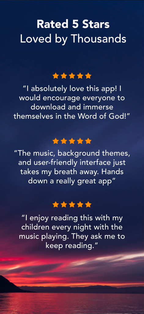 Screenshot of five star user reviews and testimonials for the Daily Devotional For Women App featuring a sunset background.