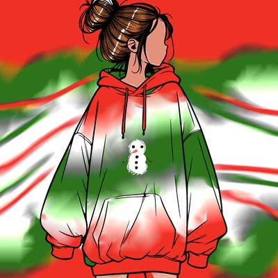 realistic girl with a oversized sweatshirt on and a bun