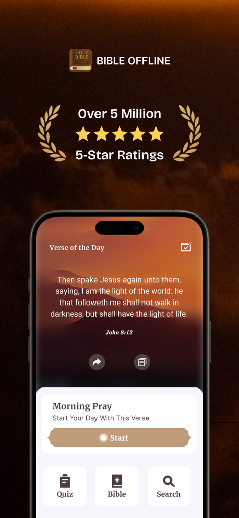 Bible Offline - KJV Holy Bible - Smartphone screen showing Bible Offline KJV app with Verse of the Day and morning prayer feature