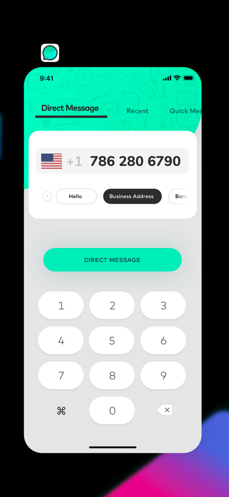 Direct Message for WhatsApp app screen showing a US phone number input and quick message templates
