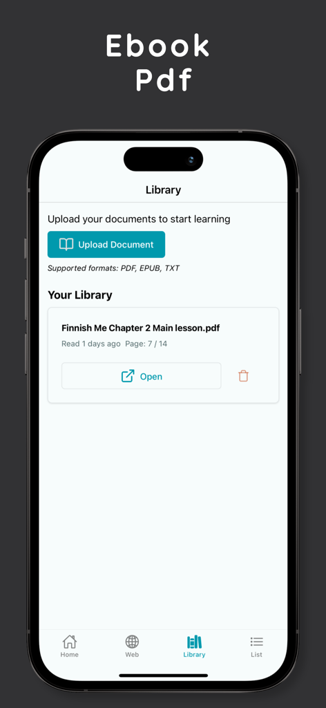 Language Reactor ReadLang 1L library screen showing a PDF document titled Finnish Me and an upload button for new ebooks.