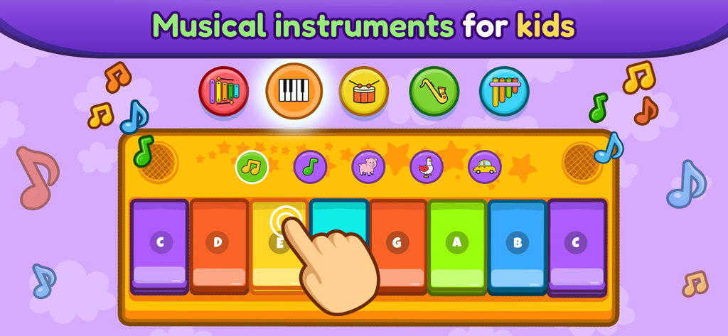 Baby Piano, Drums, Xylo & more - A colorful virtual piano interface for toddlers with instrument selection icons and sound effects