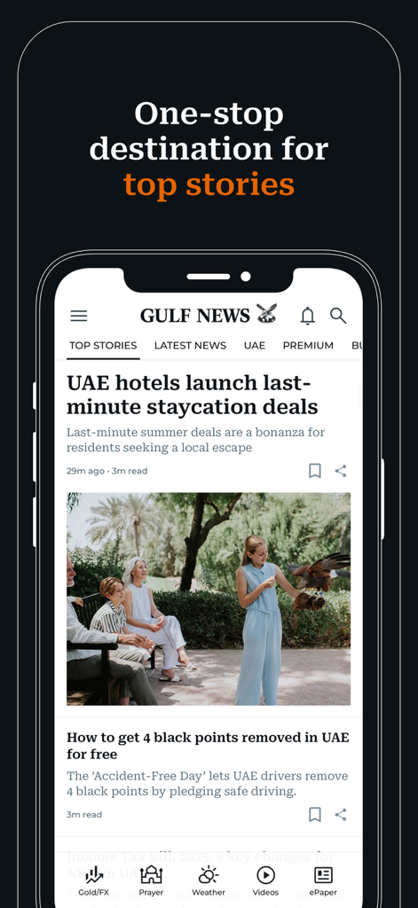 Gulf News - Latest UAE News - L'application Gulf News affiche les dernières actualités et articles sur le mode de vie des Émirats arabes unis sur un iPhone.