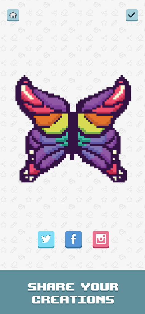 Pixelicious - Number Coloring - A completed colorful pixel art butterfly with social media sharing buttons in the Pixelicious app