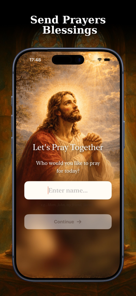 Bible Widget Verse of the Day - Prayer request screen with Jesus illustration and text input for names