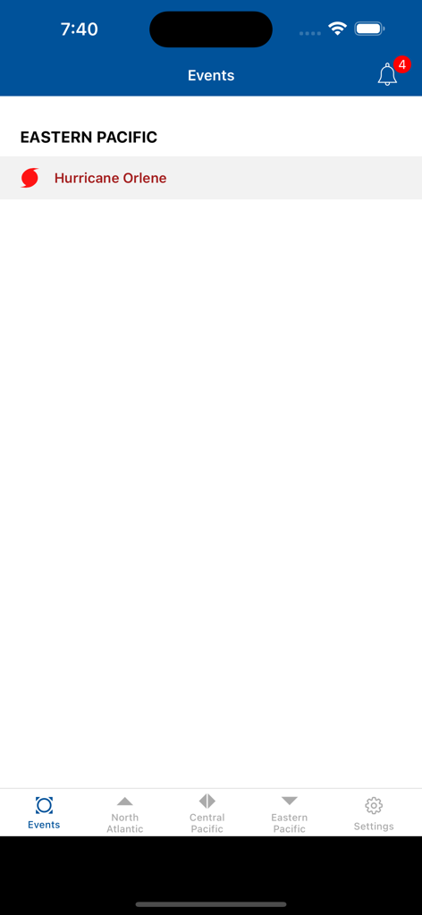 Interfaccia dell'app mobile NOAA Center Hurricane che mostra l'uragano Orlene nella sezione eventi del Pacifico orientale.