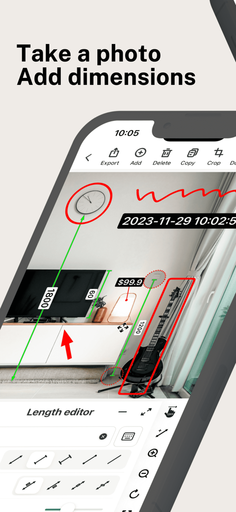 SizeSnap - Markup measurements - Interfaz de la aplicación SizeSnap mostrando una foto de una habitación con marcas de medición digitales y etiquetas para muebles