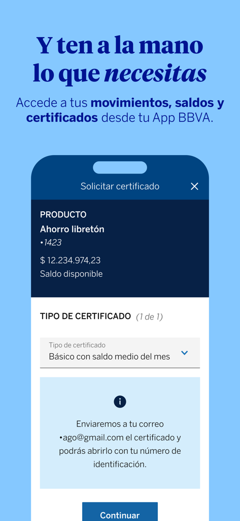 BBVA Colombia | Banca Móvil - Interface de l'application BBVA Colombie montrant le processus pour demander un certificat bancaire et consulter le solde du compte.