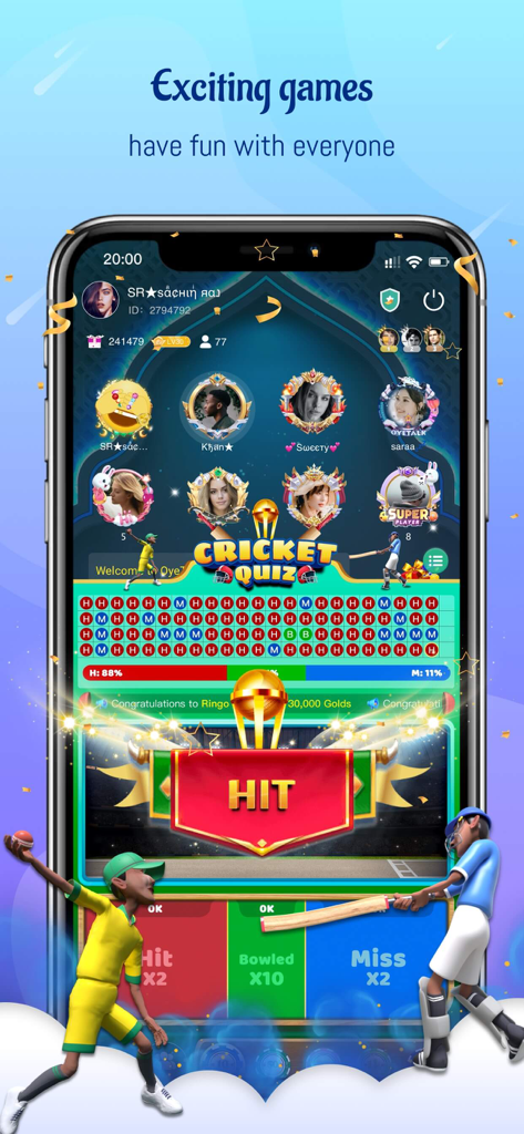 A mobile screenshot of the OyeTalk app featuring a cricket quiz game within a social audio chat room alongside user avatars.