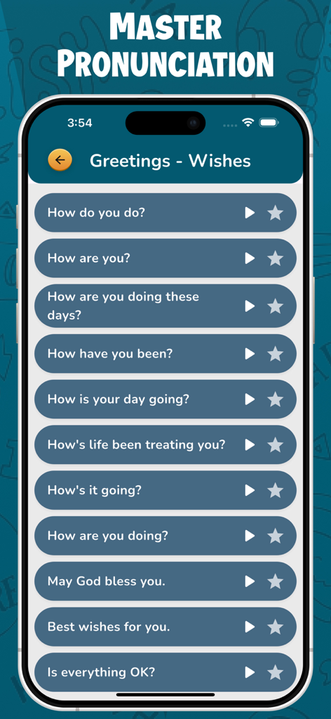 Speak English Fluently 2026 - App interface for practicing pronunciation of common English greetings