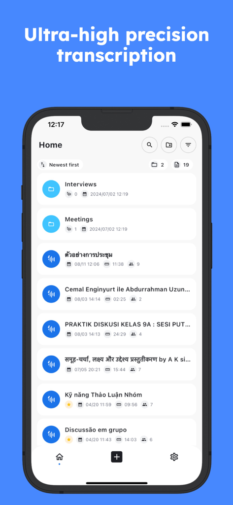 SoundType AI app home screen showing a list of voice to text transcriptions in multiple languages organized by category.