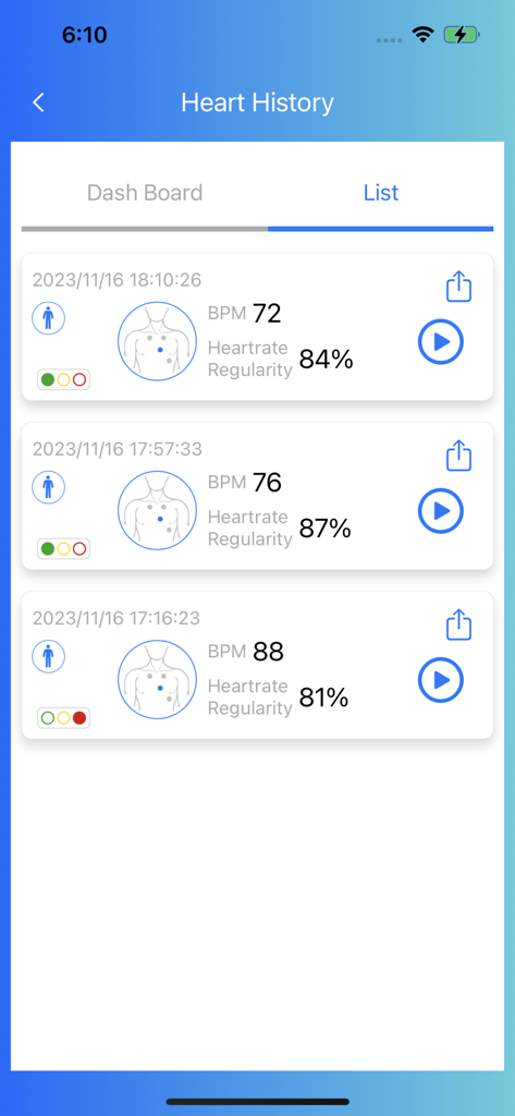 Schermata dell'app Skeeper Health Mate che mostra un elenco cronologico delle percentuali di BPM della frequenza cardiaca e di regolarità