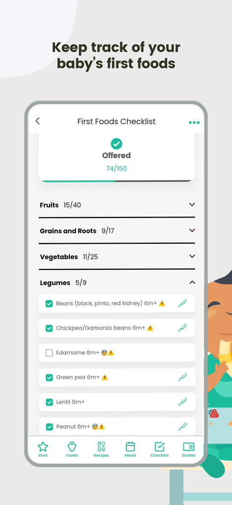Interfaz de la aplicación móvil que muestra la lista de verificación de primeros alimentos para rastrear la introducción de alimentos para bebés.