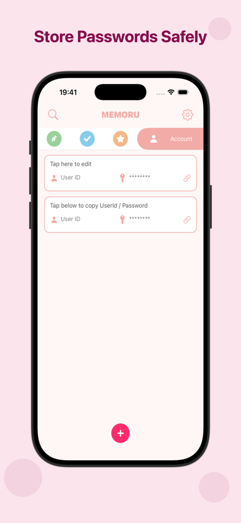 MEMORU / Simple Note App - Captura de pantalla de la app MEMORU mostrando la sección de cuentas para almacenar de forma segura nombres de usuario y contraseñas