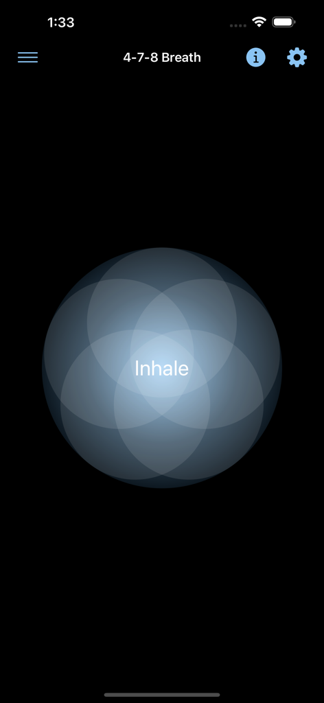 Breathe Bubble - Breathe Bubble app interface showing the inhale phase of a 4-7-8 breathing exercise