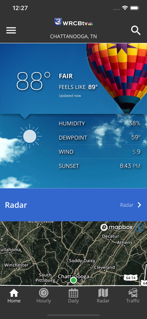 Local 3 Weather - Local 3 Weather app interface showing current conditions and radar map for Chattanooga Tennessee