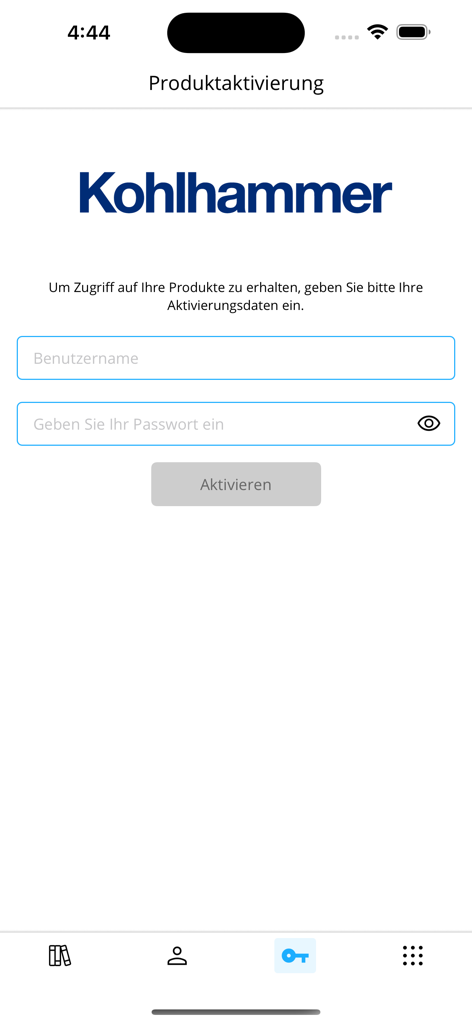 BRANDSchutz-App Produktaktivierungs- und Anmeldeoberfläche