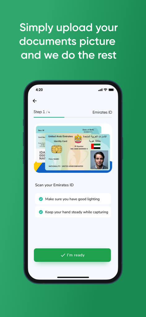 Udrive - Car Sharing & Rental - 서류 업로드 및 등록 절차의 일부로 에미레이트 ID(Emirates ID)를 스캔하는 Udrive 앱 인터페이스를 보여주는 스마트폰.
