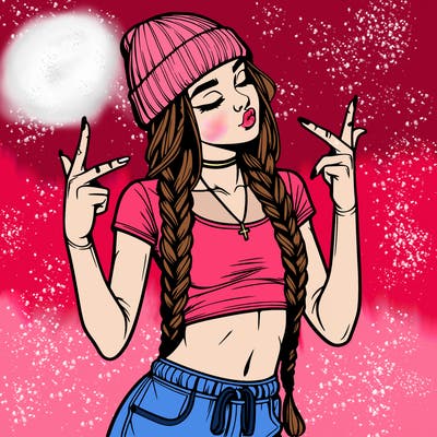realistic teenage girl with braids and a beanie and crop top doing 🫶🏼