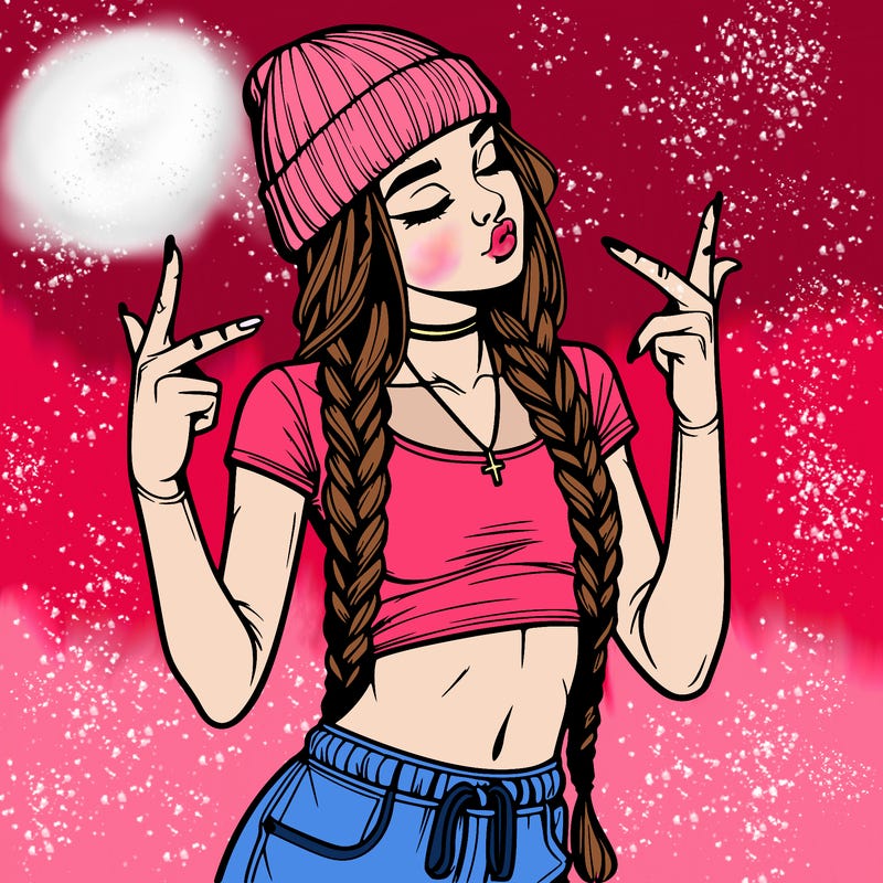 realistic teenage girl with braids and a beanie and crop top doing 🫶🏼