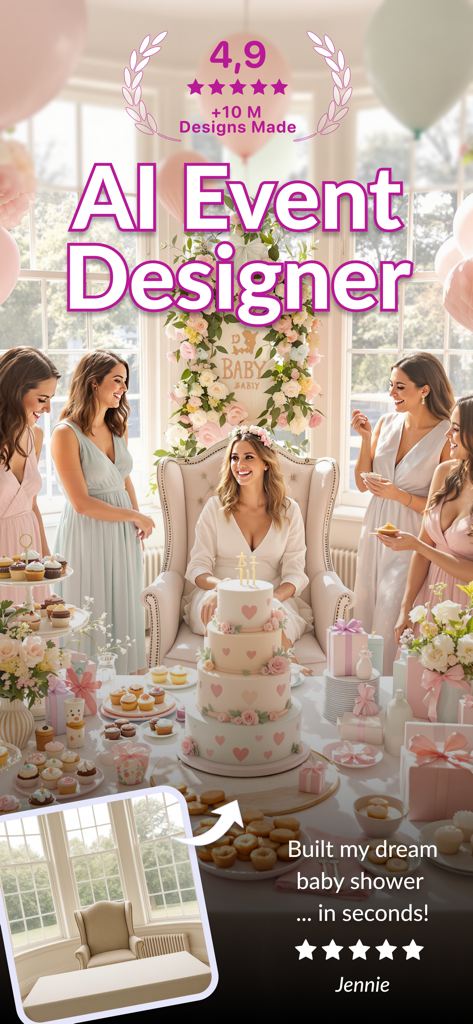 AI Event Designer - Party Plan - Une visualisation de l'application AI Event Designer montrant une transformation de décoration de baby shower générée par IA à partir d'une simple photo de pièce