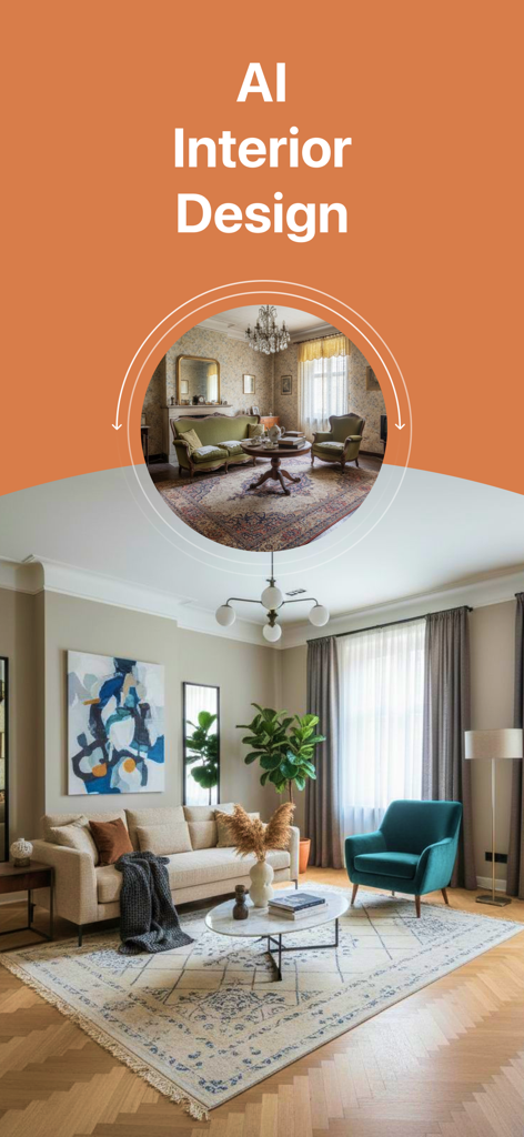 AI Exterior Home Design - AI Interior Design app showing a before and after comparison of a classic living room transformed into a modern style