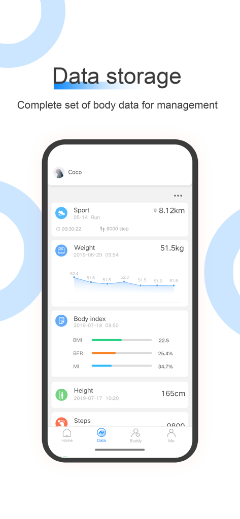 AiLink - AiLink app interface showing health data storage with metrics for weight body index height and steps