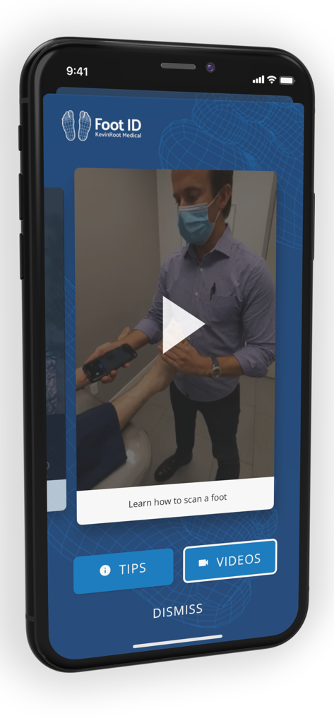 Instructional video within the Foot ID app showing a doctor performing a 3D foot scan on a patient.