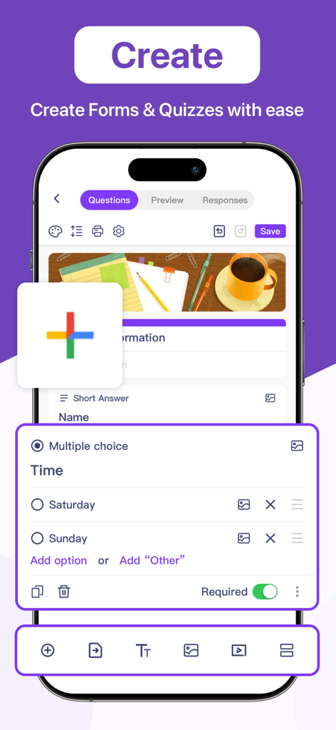 Oberfläche der Forms for Google Forms App, die die Erstellung einer Multiple-Choice-Frage auf einem Mobilgerät zeigt.