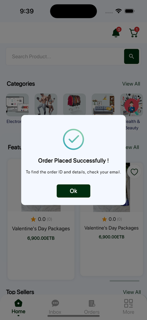 Gojo Shop - Mensaje de confirmación de pedido realizado con éxito en la aplicación móvil Gojo Shop