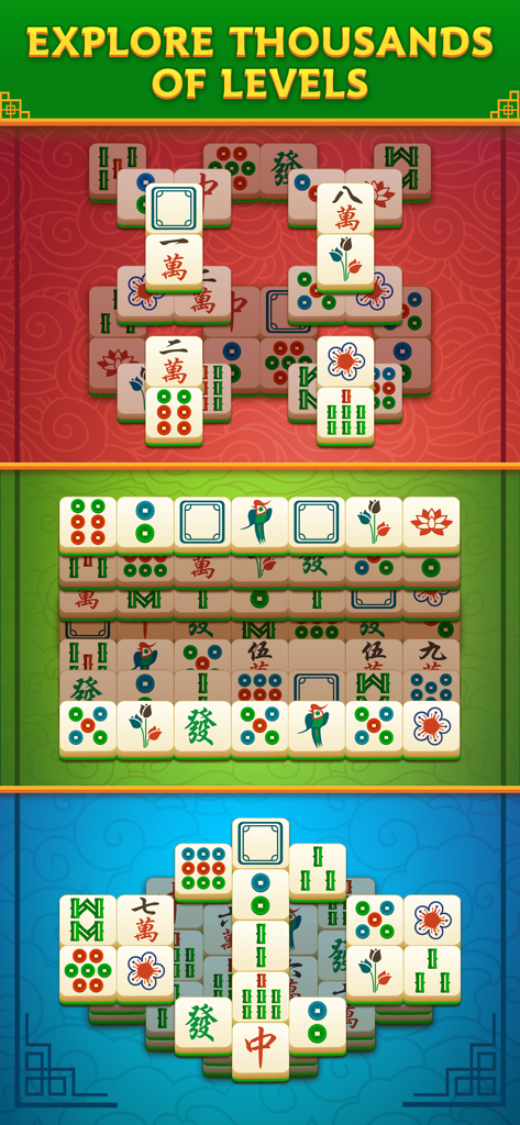 Tile Dynasty: Triple Mahjong - Mobile-Spiel-Screenshot von Tile Dynasty Triple Mahjong, der mehrere Rätsel-Level zeigt