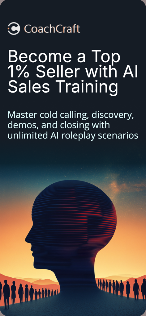 CoachCraft: AI Sales Trainer - CoachCraft app intro screen promoting AI sales training for cold calling and closing deals