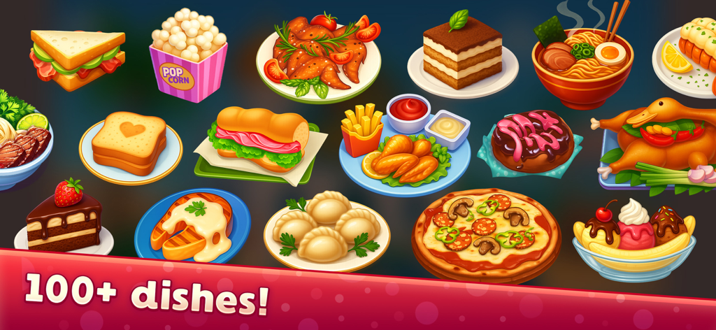 A variety of colorful food dishes from the Kitchen Craze cooking game including pizza sushi and desserts