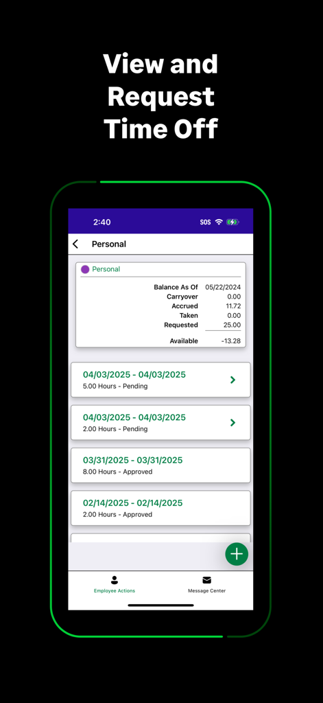 Sage HRMS - Sage HRMS mobile app screen showing personal time off balances and request status history