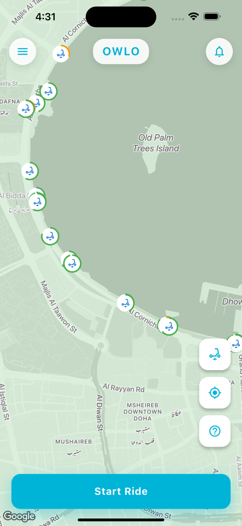 Map interface of the OWLO app showing available electric scooters for rent in an urban coastal area