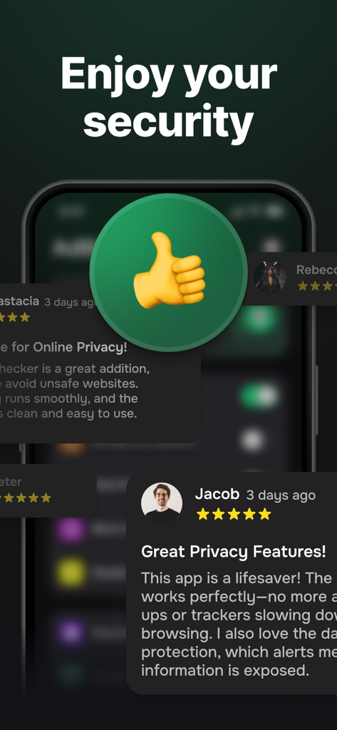 Une capture d'écran de l'application Guardient montrant des avis positifs des utilisateurs et une icône de pouce levé avec le titre Profitez de votre sécurité.