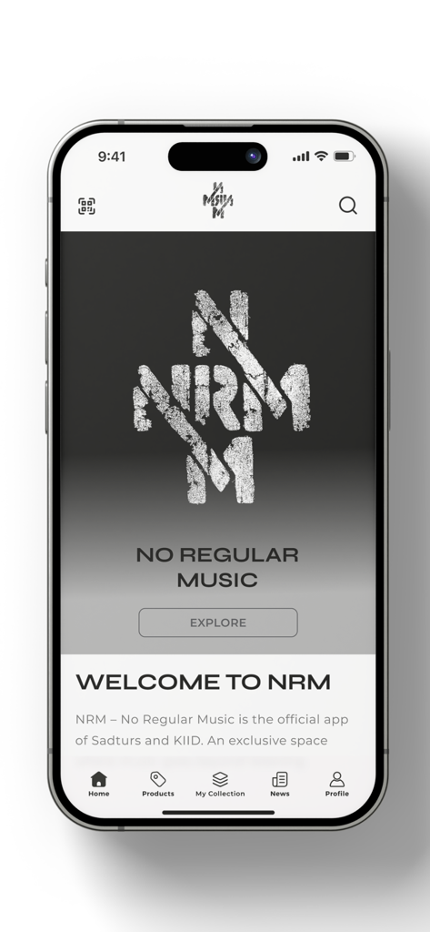 No Regular Music - Pantalla de inicio de la aplicación NRM No Regular Music con el logo y un botón de explorar.