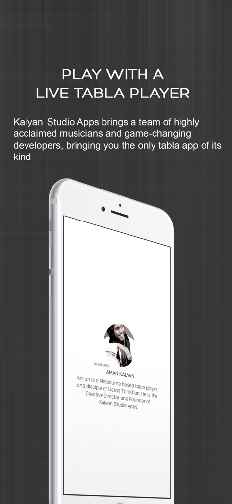 Tabla Studio - Introductory screen for Tabla Studio app featuring developer and tabla player Aman Kalyan