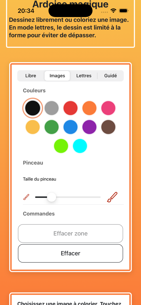 User interface of the Magic Slate drawing tool with color picker and brush size controls