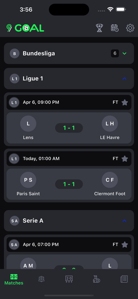 9Goal Footballアプリのインターフェース。リーグ・アンとセリエAのライブサッカー試合結果とスケジュールを表示