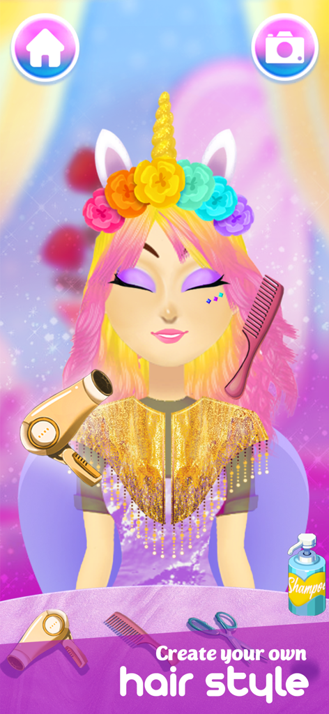 Hair Salon : Beauty Game - A character with a unicorn floral headband being styled with a golden hair dryer and comb in the Hair Salon Beauty Game