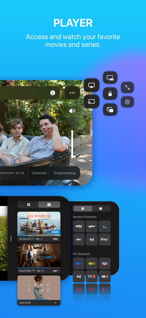 Reproductor de video de la aplicación MEO Go mostrando controles de reproducción y una lista de canales de TV en vivo