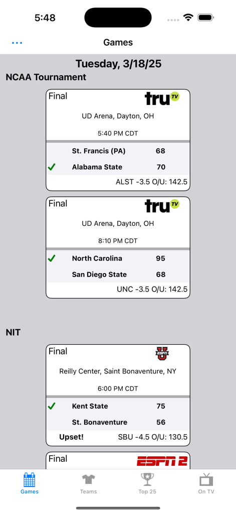 College-Basketball-Spielergebnisse für NCAA- und NIT-Turniere mit Quoten und TV-Kanälen.